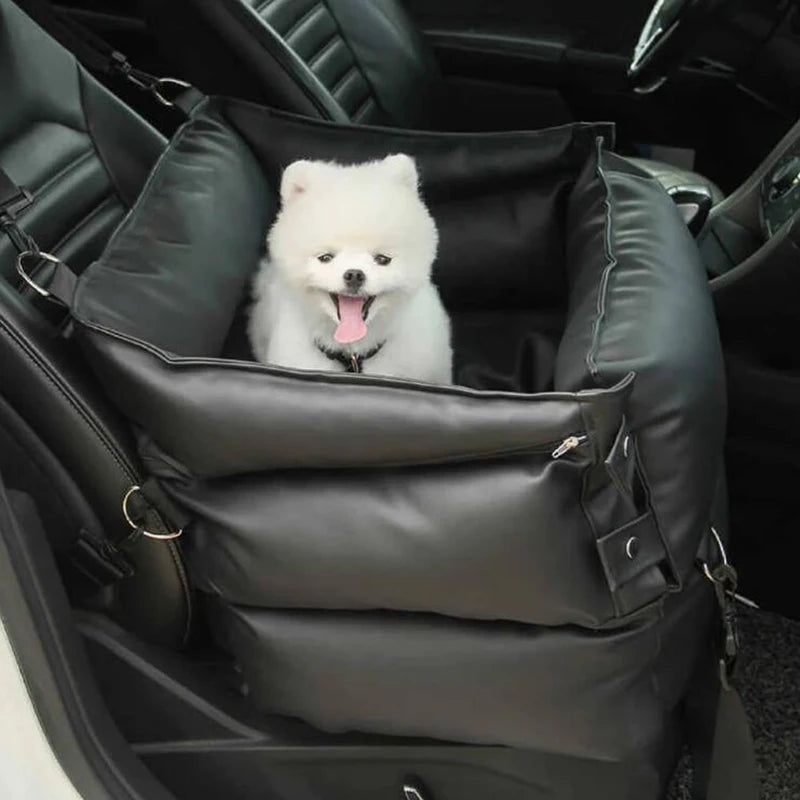 Leather Dog Car Seat Bed with Built-in Safety Buckle