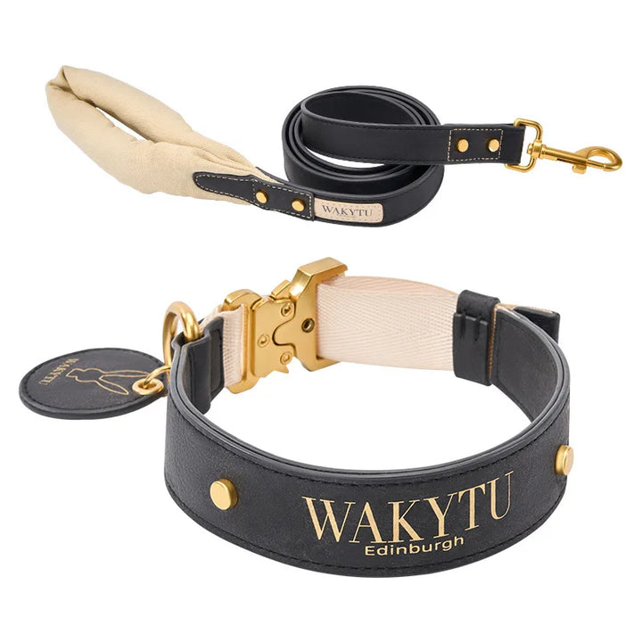 Luxury Leather Dog Collar & Leash with Padded Handle